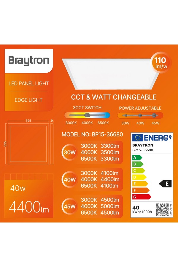 Braytron PANELLED 40W 595x595 WHT 3IN1 LED PANEL
