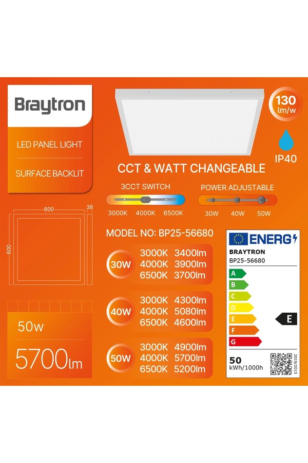 Braytron BACKLITE SRC 50W 600x600 WHT 3IN1 LED PANEL LI