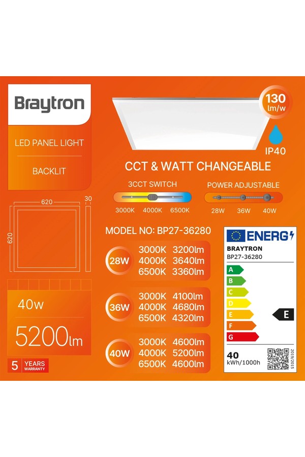 Braytron PANELLED RL 40W 620x620 WHT 3CCT LED PANEL