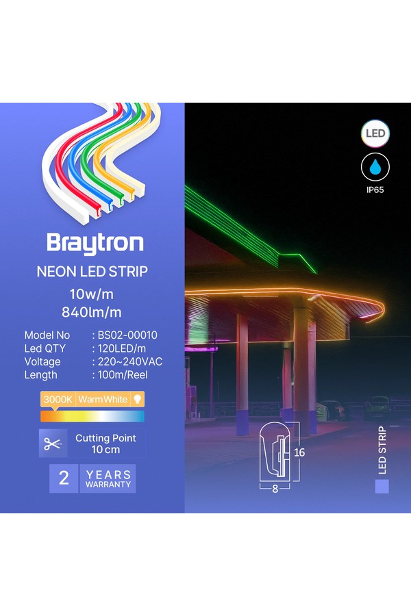 Braytron NEON 8x16 220V 3000K NEON LED STRIP