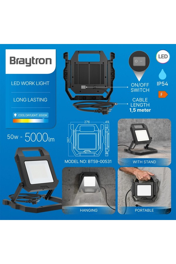 Braytron FLOOD WL BLC 50W 1.5MT CABLE 6500K WORK LIGHT