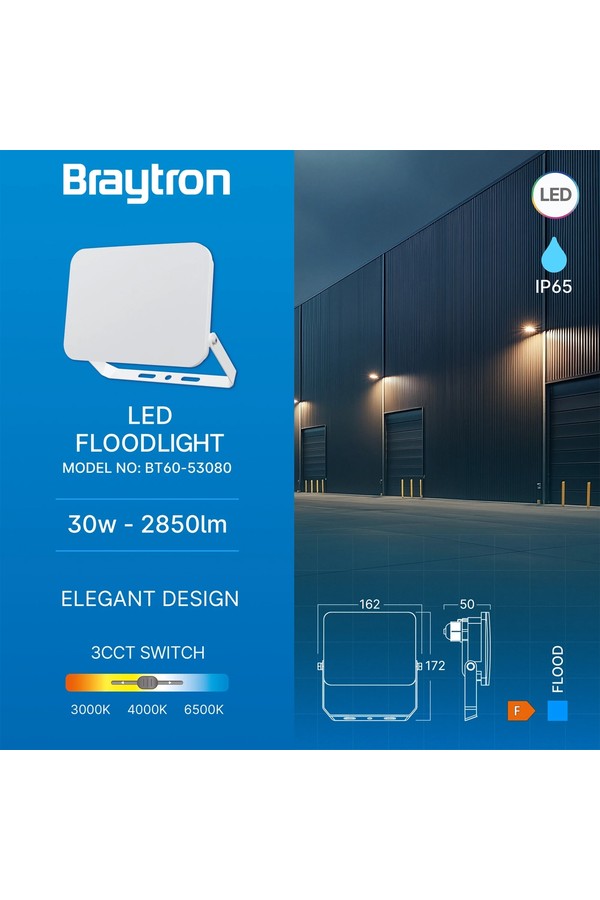 Braytron FLOOD WF 30W WHT 3IN1 IP65 LED FLOODLIGHT