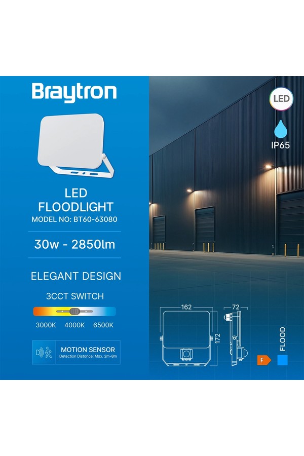 Braytron FLOOD WF 30W WHT 3IN1 SNS IP54 LED FLOODLIGHT
