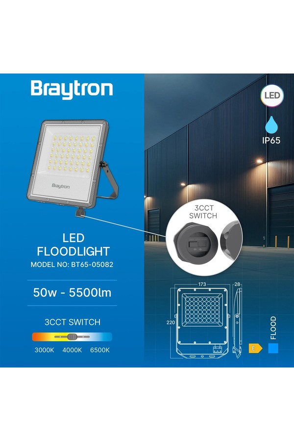 Braytron FLOOD PF 50W GRY 3IN1 IP65 LED FLOODLIGHT