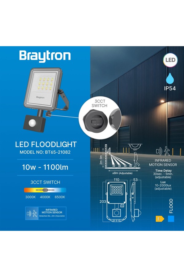Braytron FLOOD PF 10W GRY 3IN1 SNS IP54 LED FLOODLIGHT