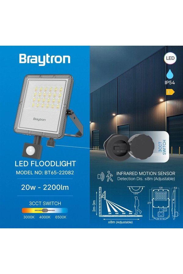 Braytron FLOOD PF 20W GRY 3IN1 SNS IP54 LED FLOODLIGHT
