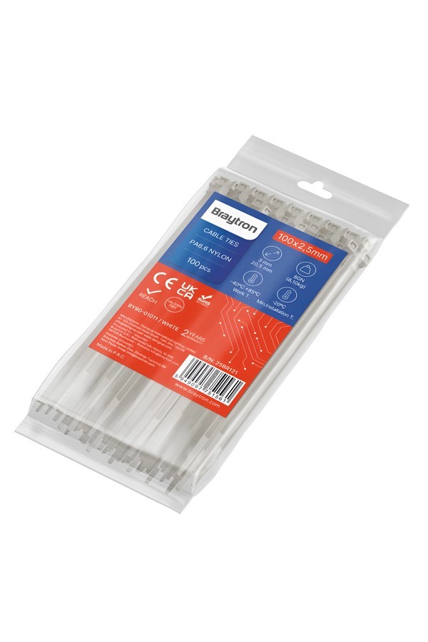 Braytron 2,5x100mm 100pcs/bag PA66 WHT CABLE TIES