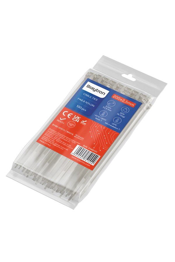 Braytron 2,5x200mm 100pcs/bag PA66 WHT CABLE TIES