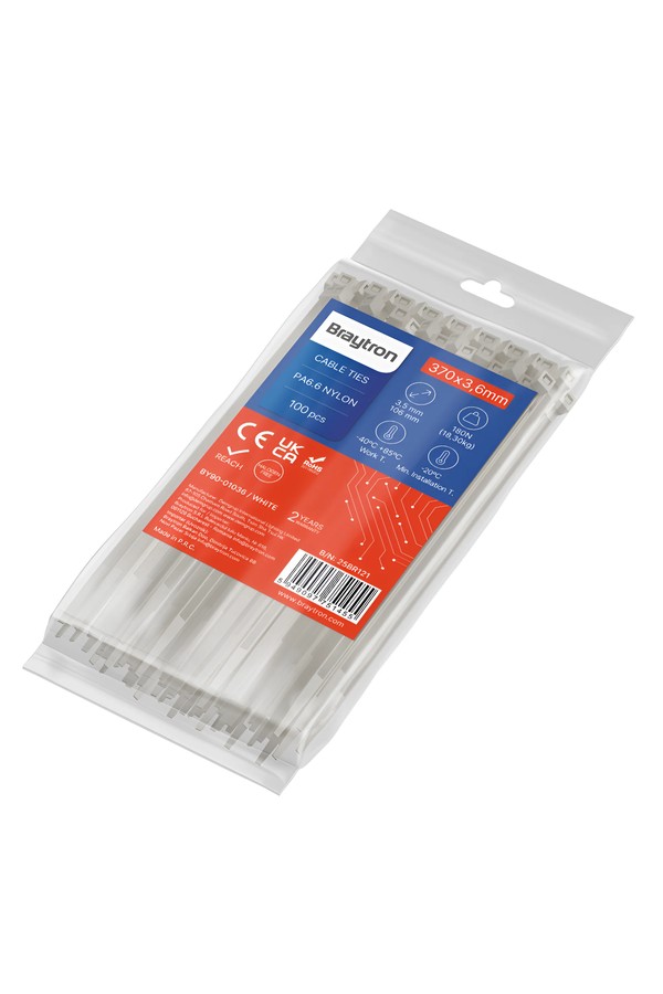 Braytron 3,6x370mm 100pcs/bag PA66 WHT CABLE TIES